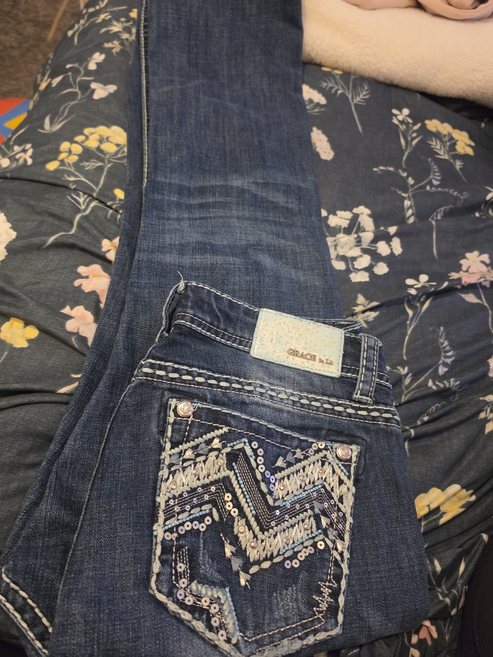 Grace In LA Dark Blue Skinny Jeans with Embroidered Sequin Back Pocket